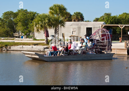 Ochopee, FL - Nov 2008 - Tourists leaving dock on air boat tour in the Everglades along Alligator Alley in Florida Stock Photo