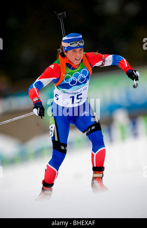 Svetlana Sleptsova of RUS during the Biathlon .5K Sprint at Whistler Olympic Park Stock Photo