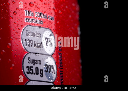 Side of a coke can showing nutritional information: 139 calories Stock Photo