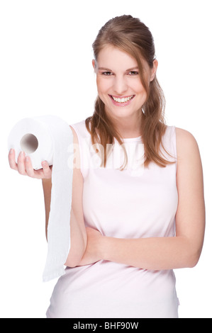 Full isolated studio picture from a young woman with toilet paper Stock Photo