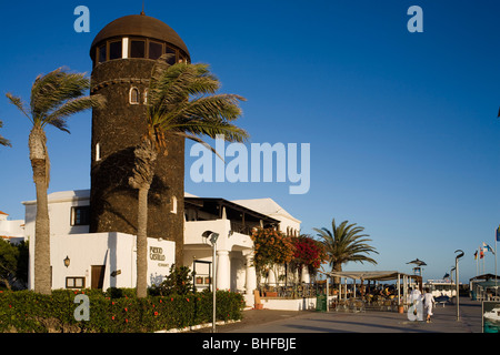 Restaurant at the harbou, Puerto Castillo under blue sky, Castillo de Fustes, Costa Caleta, Fuerteventura, Canary Islands, Spain Stock Photo