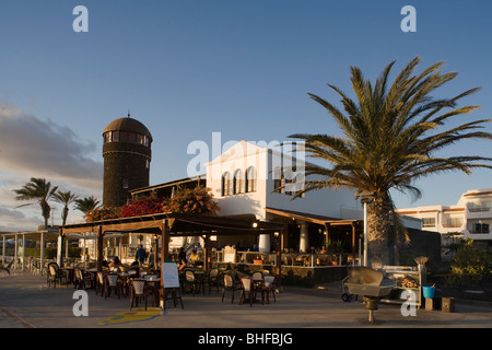 Restaurant at the harbour Puerto Castillo in the sunlight, Castillo de Fustes, Costa Caleta, Fuerteventura, Canary Islands, Spai Stock Photo