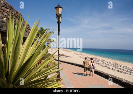 Seaside promenade in the sunlight, Playa del Matorral, Playa de Jandia, Morro Jable, Jandia peninsula, Fuerteventura, Canary Isl Stock Photo