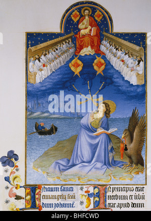 religion, christianity, books, book of hours of the Duke John of Berry, 'Tres Riches Heures', 1410/1416, miniature by Herman of Limburg, Saint John on Patmos, Musee Conde, Chantilly, , Stock Photo