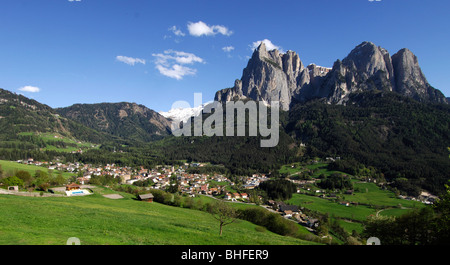 View at a village in a valley under blue sky, Siusi, South Tyrol, Italy, Europe Stock Photo