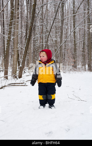 A Canadian toddler enjoys the woods in winter near Kingston, Ontario, Canada Stock Photo