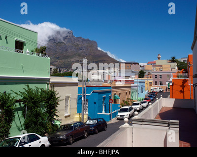 Houses on Rose Street and Wale Street in Bo-Kaap Cape Malay District, Table Mountain, Cape Town South Africa Stock Photo