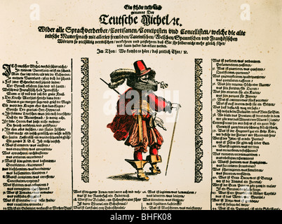 fashion, 17th century, men's fashion, caricature, man in Spanish clothing, leaflet, coloured copper engraving, Nuremberg, 1st half 17th century, , Artist's Copyright has not to be cleared Stock Photo