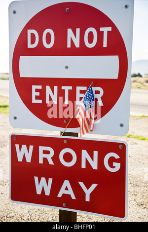 United States flag, highway traffic sign. Stock Photo