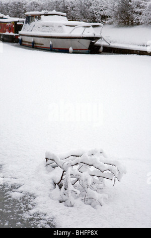 A boat is frozen into its moorings with snow covering the iced up Bridgewater canal and a snow covered branch in the foreground Stock Photo