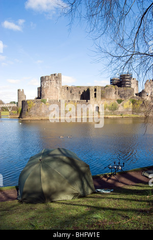 Fishing at Caerphilly Castle Stock Photo