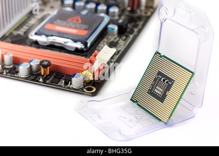 Computer processor, CPU for LGA 775 socket and motherboard Stock Photo