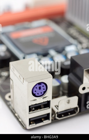 Keyword, mouse, PS/2, USB, HDMI, ports on the computer mainboard Stock Photo