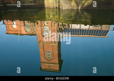 Pump House Reflection in the old dock which is now Swansea Marina. Pump House is now a busy Pub. Stock Photo