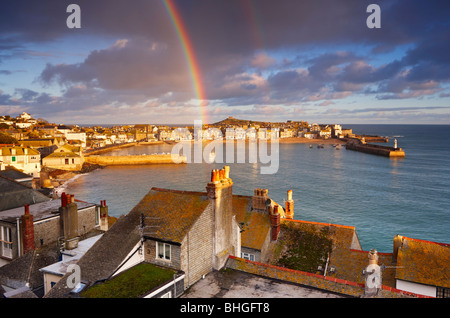 A gift for Christmas! Rainbow above St Ives harbour on Christmas Day 2009. Stock Photo