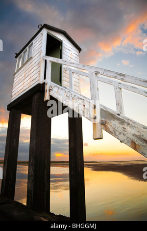 Staircase leading up to a Shelter on Causeway to Holy Island, Northumberland, England, UK, GB, Europe. Stock Photo