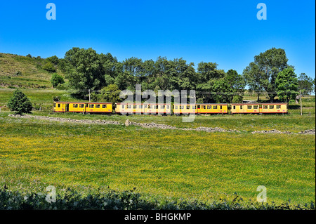 Train jaune in Pyreneans mountains, Languedoc Roussillon, France. Stock Photo