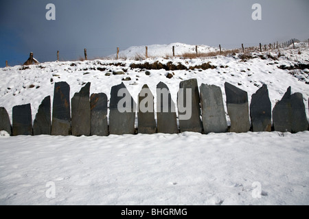 A section of a new slate fence built when the Crimea Pass underwent work which finished in 2008. Looking up towards Moel Barlwyd Stock Photo