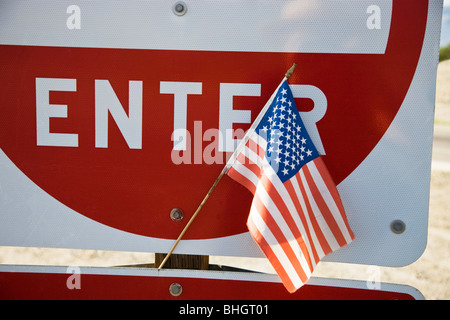 United States flag posted, highway traffic sign. Stock Photo