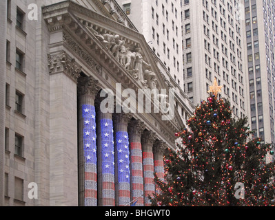 New York Stock Exchange with Christmas tree Stock Photo