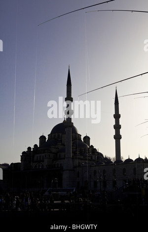 Mosque and men fishing on the Galata Bridge, Bosphorus, Istanbul, Turkey, Mediterranean sea, Eurasia, Orient Stock Photo