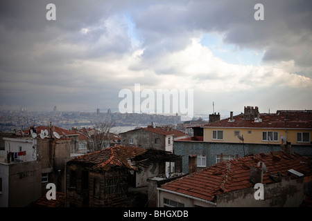 Cloudy sky and roofs, streets of the Fener Balat district, Istanbul, Europe, Asia, Eurasia, Turkey. Stock Photo
