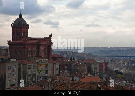 Greek college and roofs in the streets of the Fener Balat district, Istanbul, Europe, Asia, Eurasia, Turkey. Stock Photo