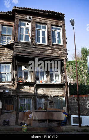 Old Wooden house in a street of the Fener Balat district, Istanbul, Europe, Asia, Eurasia, Turkey. Stock Photo