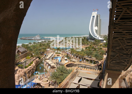 A view of Wild Wadi water park and the Jumeirah Beach Hotel, from beneath the Jumeirah Sceirah water slide, Dubai, UAE Stock Photo