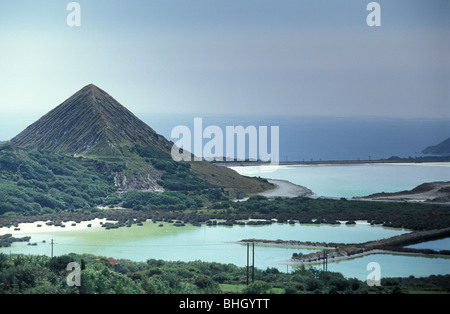 Old type conica china clay tip and waste lakes near Penwithick Cornwall England Stock Photo