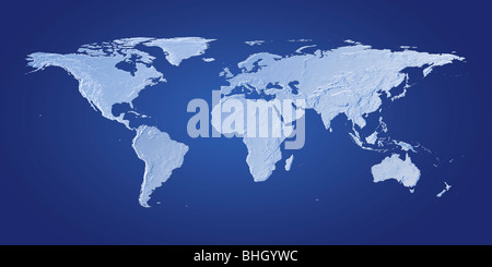 A blue world map against a dark blue background. Stock Photo