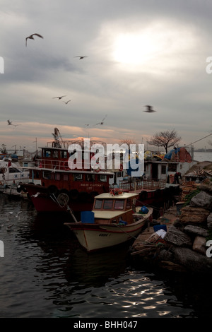 Turkey, Istanbul, moored fishing boats on the Bosphorus river at sunset, asian coast at sunset. Istanbul, Turkey, Europe. Stock Photo