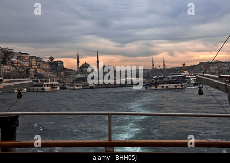 Turkey, Istanbul, on the desk of a ferry on the Bosphorus river, Mosque and asian coast at sunset. Istanbul, Turkey, Europe. Stock Photo