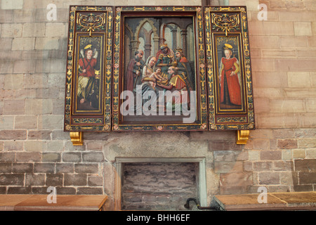 Deep rich colors in this shallow relief of an religious scene,Mary and the infant Jesus,Hereford Cathedral,England. Stock Photo