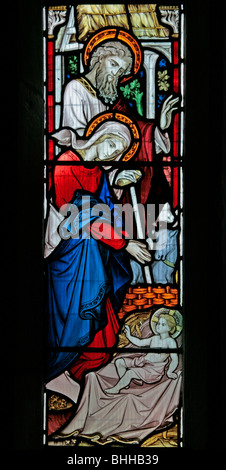 A stained glass window by John Hardman of Birmingham depicting The Nativity, St Mary's Church, Oldberrow, Warwickshire Stock Photo