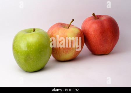 Three apples - Smith, Royal Gala and Pink Lady on a white background Stock Photo