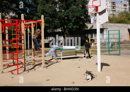 Klichko brothers, professional world heavyweight boxing champions sponsor construction of sports grounds in Ukraine Stock Photo