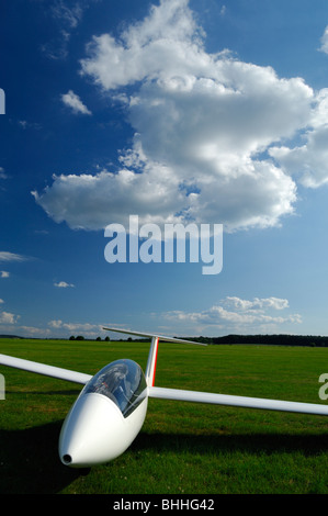 Twin seats glider Duo Discus parked on green grass of Sarreguemines airfield under big white Cumulus cloud Stock Photo