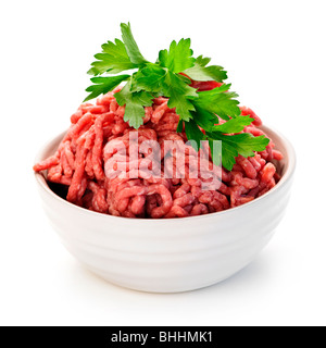 Close up on isolated bowl of lean red raw ground meat Stock Photo