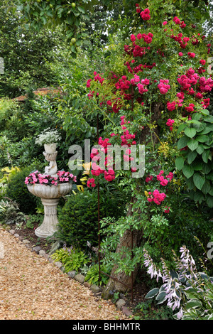 Rambler (Rosa Super Excelsa) with planted fountain. Design: Marianne and Detlef Lüdke Stock Photo