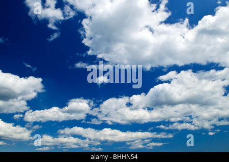 Sunny Blue Sky With Soft Clouds And Bright Sun Against Green Trees