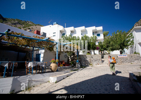 Hiker in Agia Roumeli at the base of the Samaria Gorge, Crete, Greece. Stock Photo