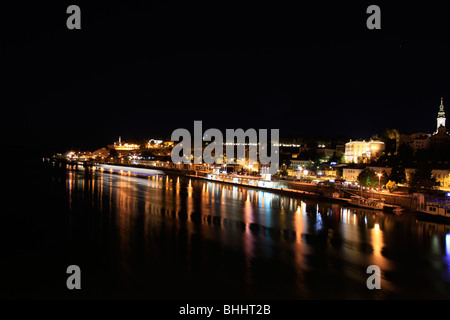 Belgrade at night, Sava and Danube river Stock Photo