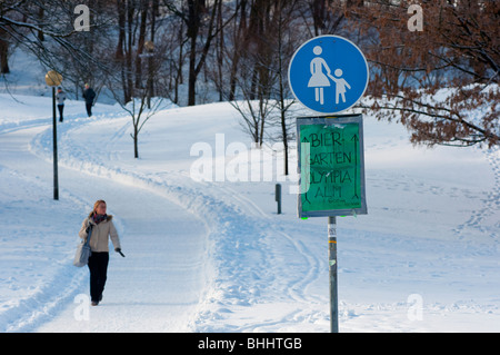 Olympic park in Munich, Germany, under heavy snow with directions to a beer garden where the beer is served ice cold! Stock Photo