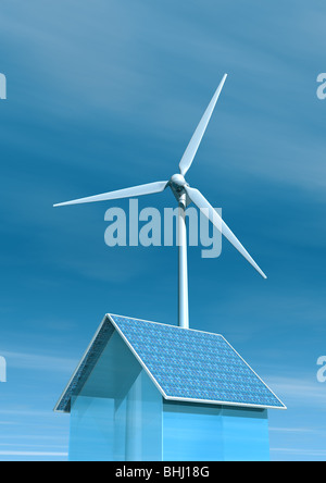 Solar Energy House and a wind power generator - Solarstrom Haus und Windkraftanlage Stock Photo