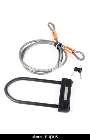 Bicycle U-lock, cable and keys Stock Photo