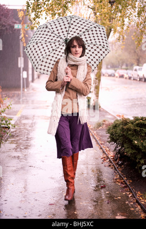 Woman Walking in Rain under Umbrella Stock Photo