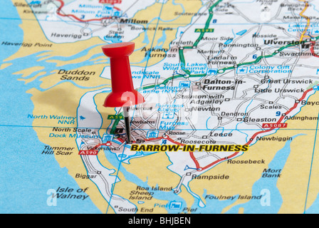 red map pin in road map pointing to city of Barrow-in-Furness Stock Photo