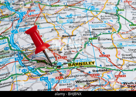 red map pin in road map pointing to city of Barnsley Stock Photo