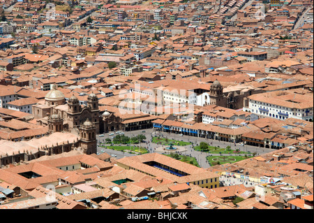An overview of Cuzco City and Plaza de Armas, Peru from a high vantage point Stock Photo